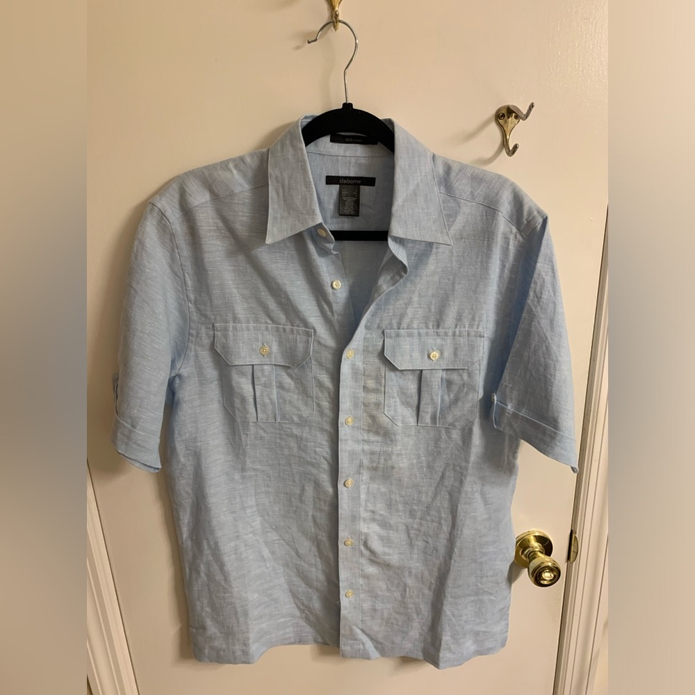 NWT Claiborne Blue Casual Button Down Shirt with Rolled Sleeves 100% Lin…